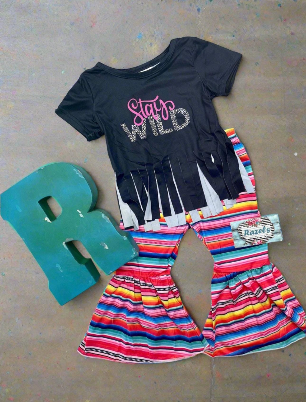 STAY WILD Shirt, Serape Bell Bottoms, Fringed Shirts, Girls Bell Bottom Set,