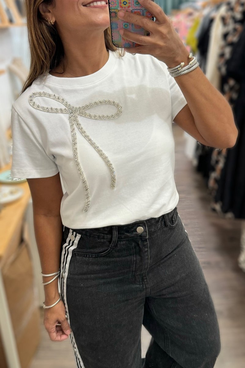 White Rhinestone Bow Embellished Round Neck Tee for Women