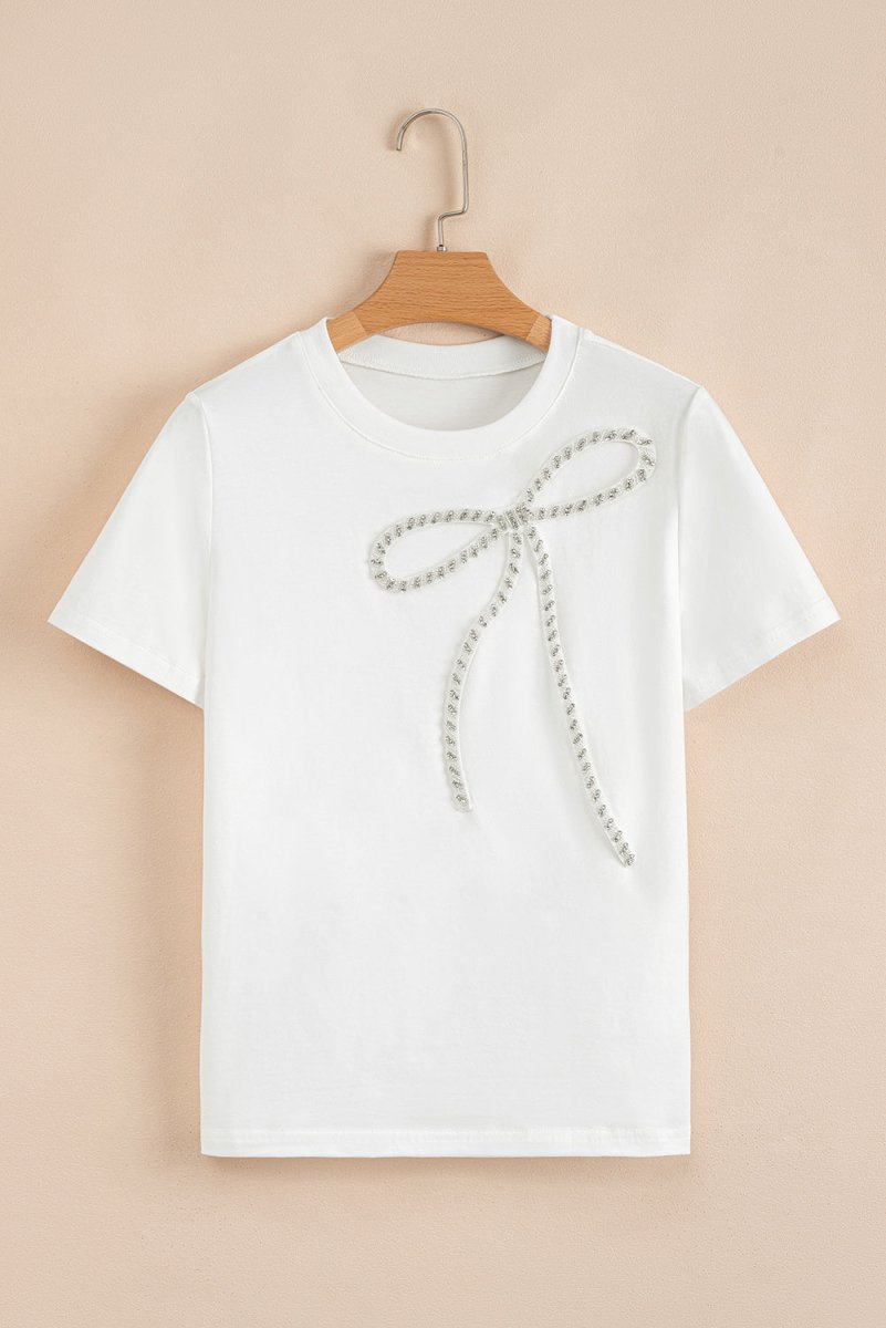 White Rhinestone Bow Embellished Round Neck Tee for Women