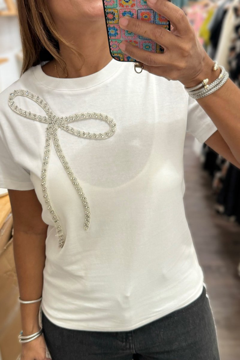 White Rhinestone Bow Embellished Round Neck Tee for Women