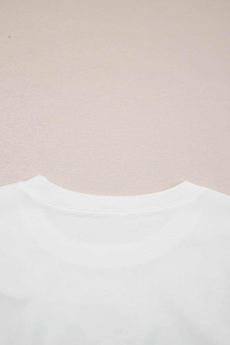White Rhinestone Bow Embellished Round Neck Tee for Women