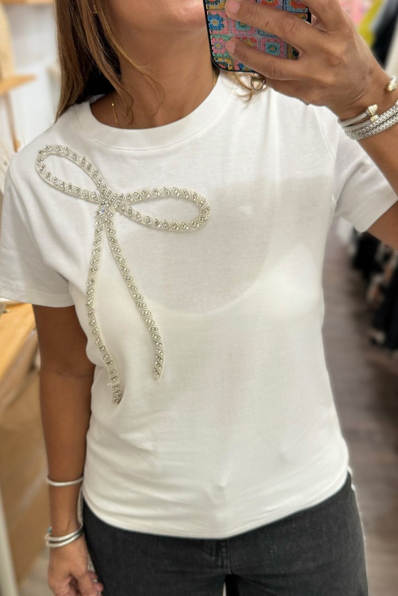 White Rhinestone Bow Embellished Round Neck Tee for Women