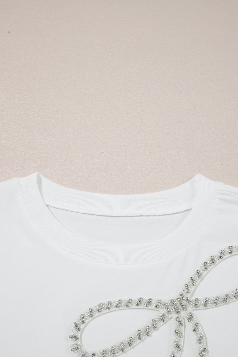 White Rhinestone Bow Embellished Round Neck Tee for Women