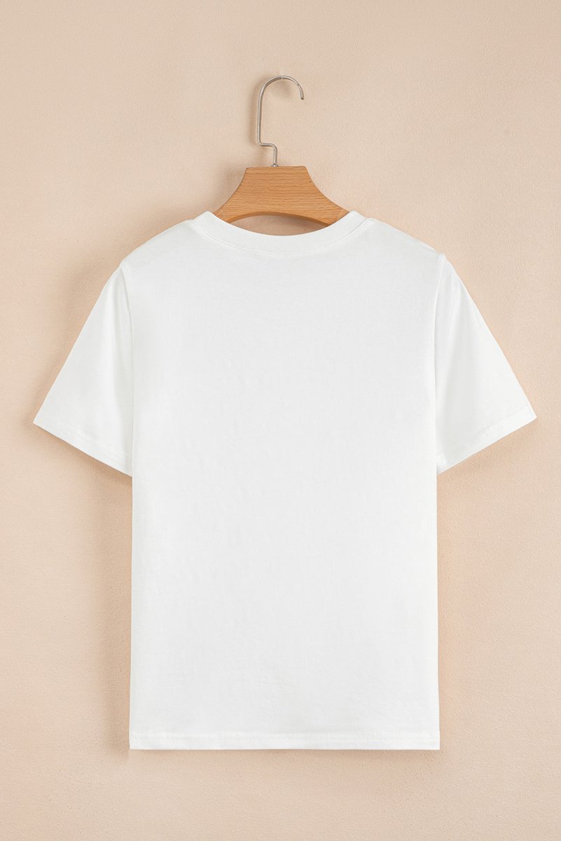 White Rhinestone Bow Embellished Round Neck Tee for Women