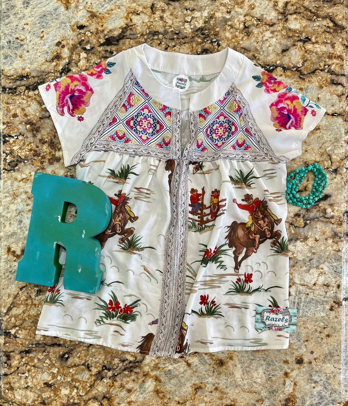 Womens Retro Cowboy Blouse, Flowers and Vintage Cowboy Shirt