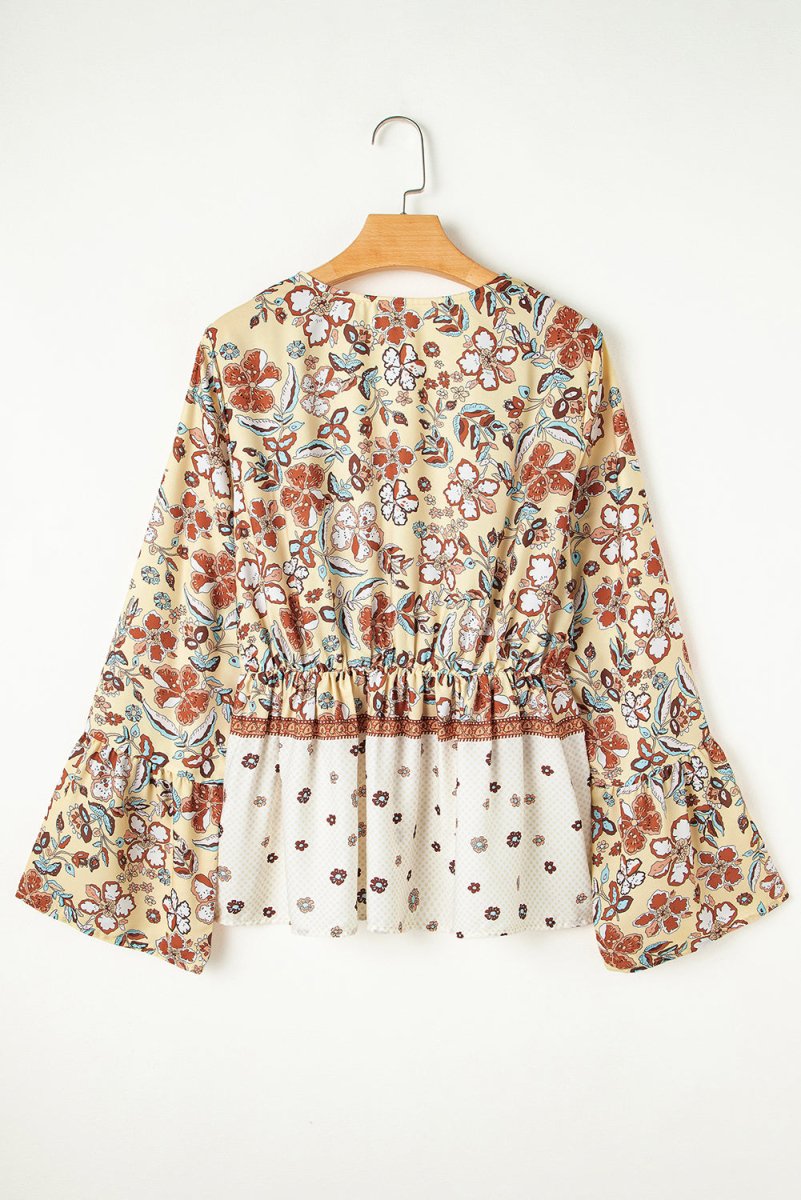 Yellow Printed Floral Bell Sleeve V Neck Wrapped Blouse