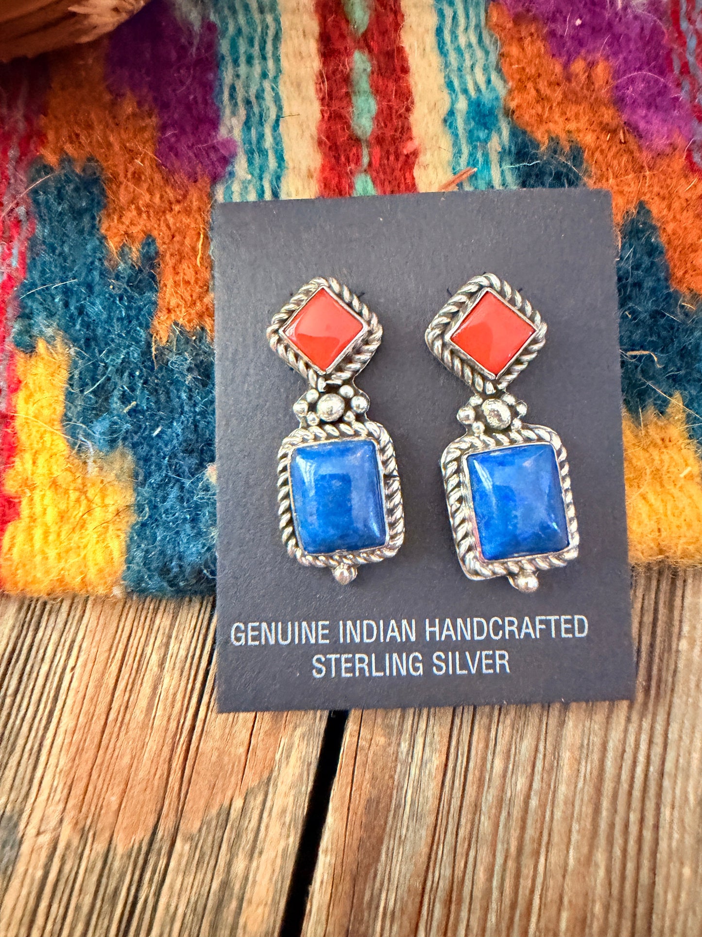 Handcrafted Lapis, Coral & Sterling Silver Dangle Earrings