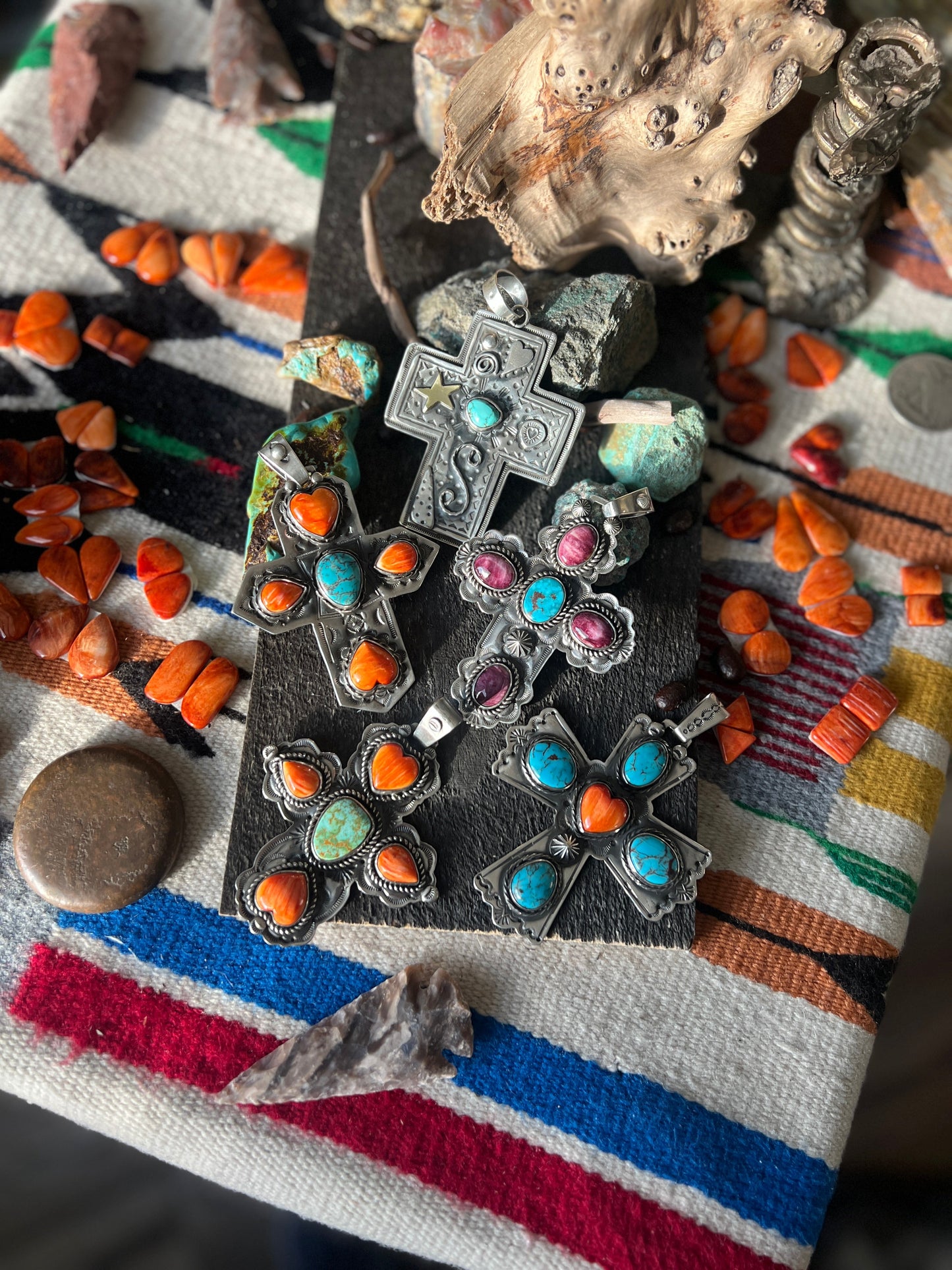 Hand Stamped Sterling Silver, Pilot Mountain Turquoise & Spiny Oyster Cross Pendant by Kimari Somers