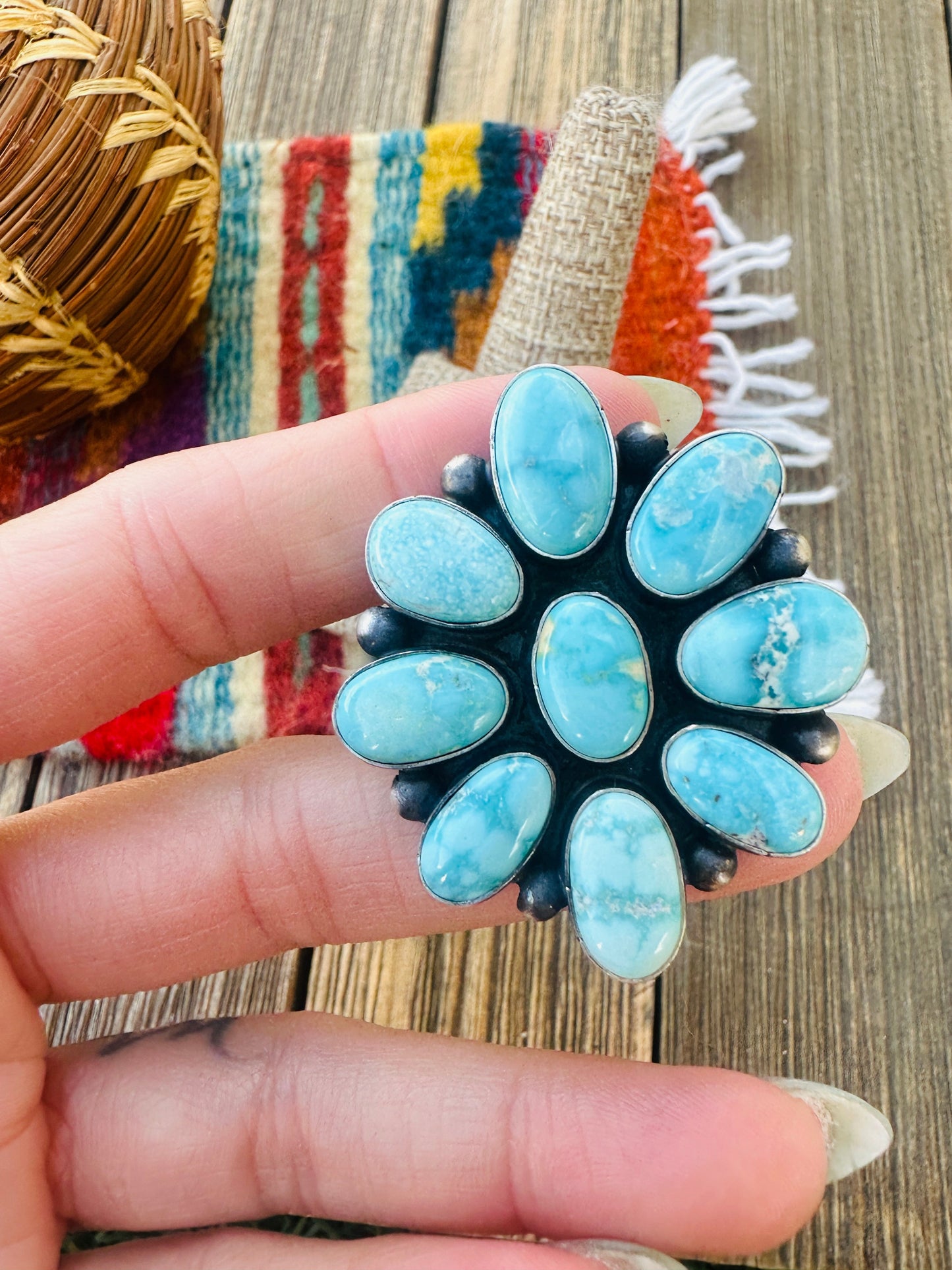 Handcrafted Turquoise & Sterling Silver Cluster Ring Size 5.5 by Paul Livingston