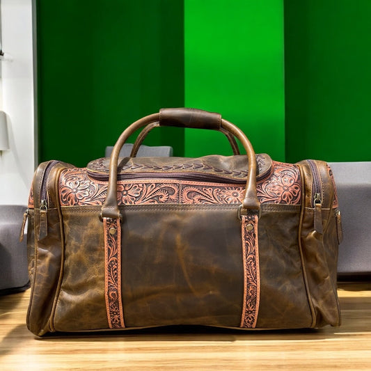 Hand tooled leather duffle bag