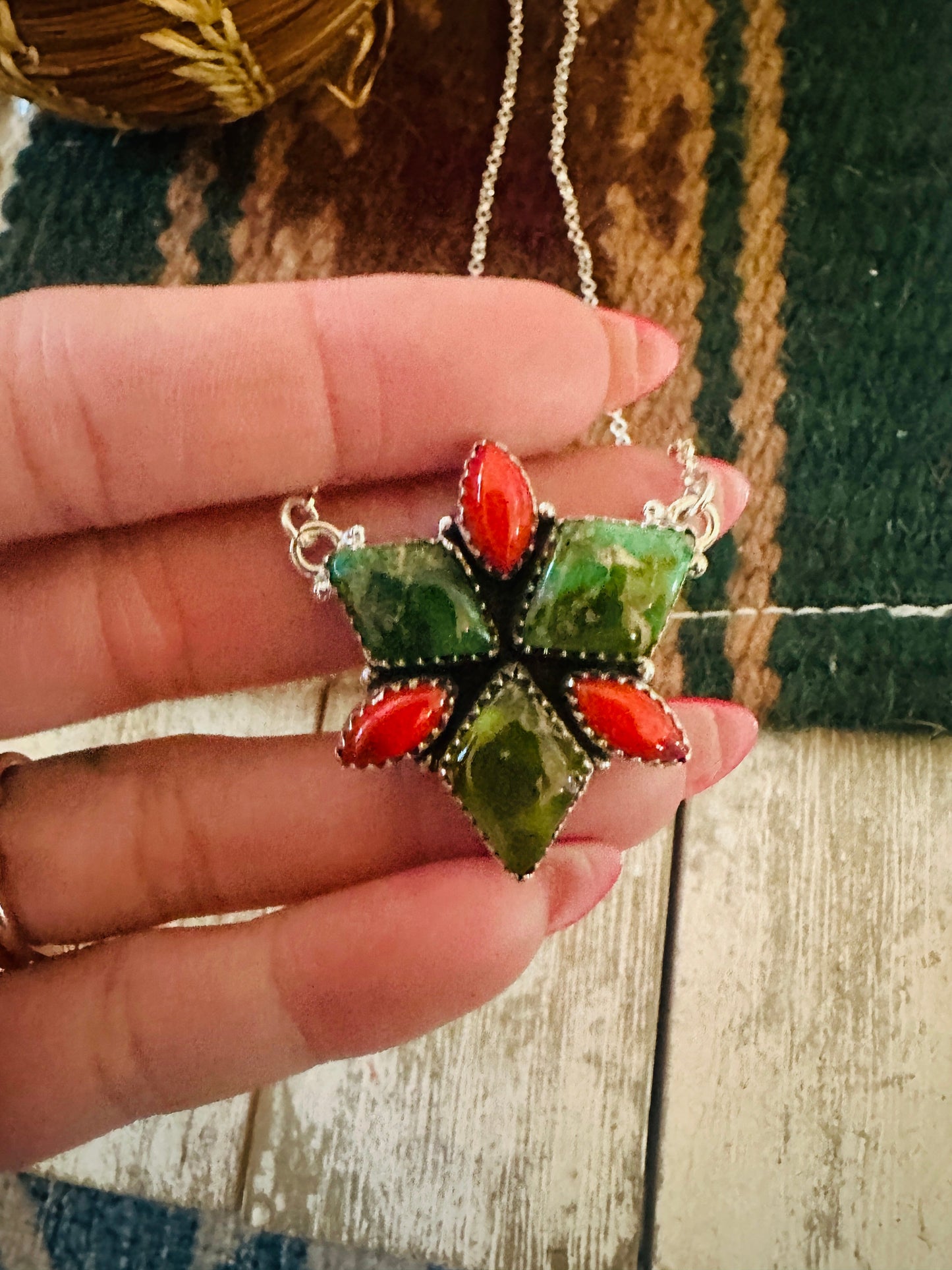 ** Christmas Collection ** Handmade Sterling Silver, Turquoise & Coral Necklace Signed Nizhoni