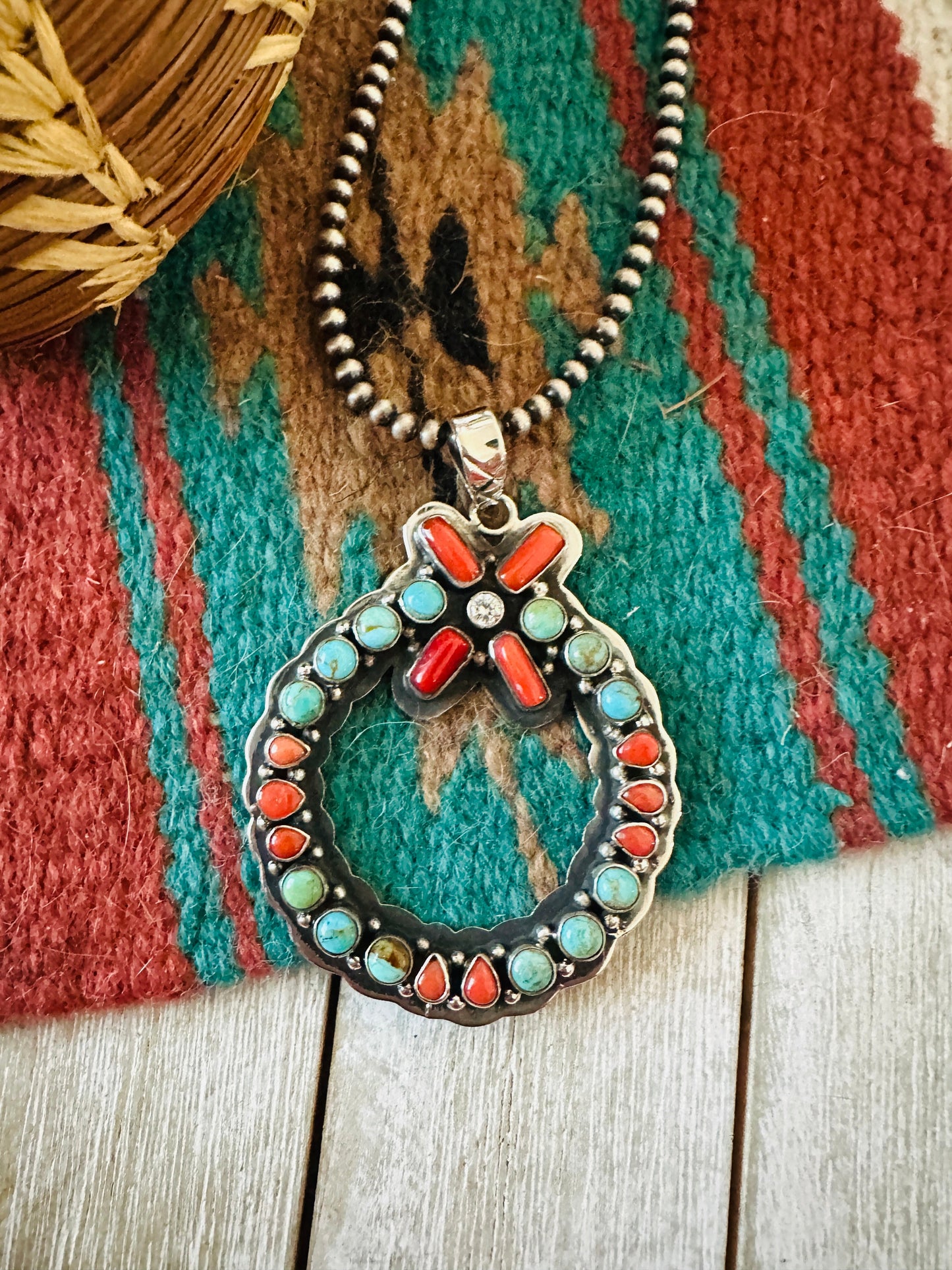 ** Christmas Collection ** Handmade Sterling Silver, Turquoise, Coral & CZ Wreath Pendant Signed Nizhoni