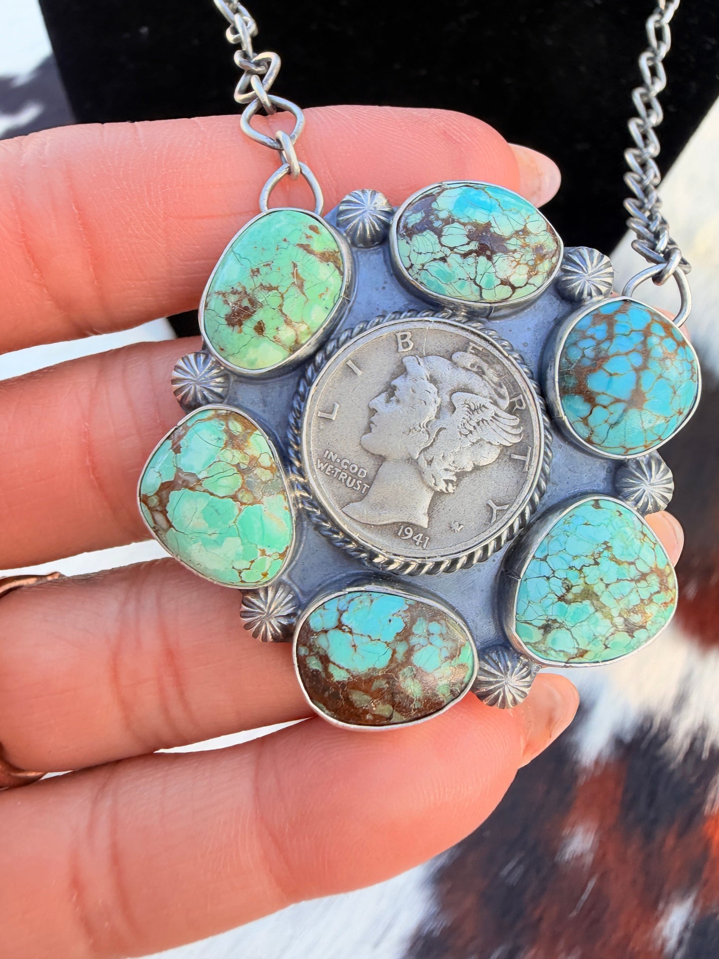 Handcrafted Number 8 Turquoise & Sterling Silver Liberty Dime Necklace by Sheila Tso