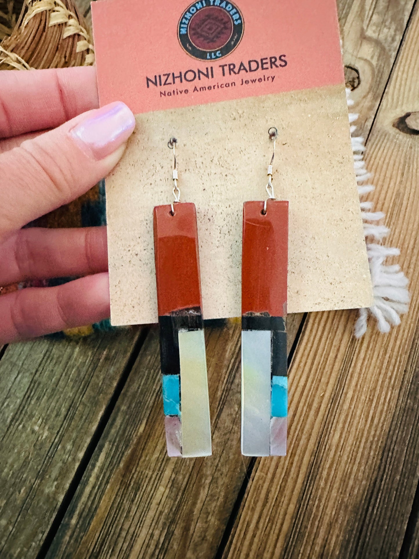 Handcrafted Multi Stone Inlay Slab Dangle Earrings