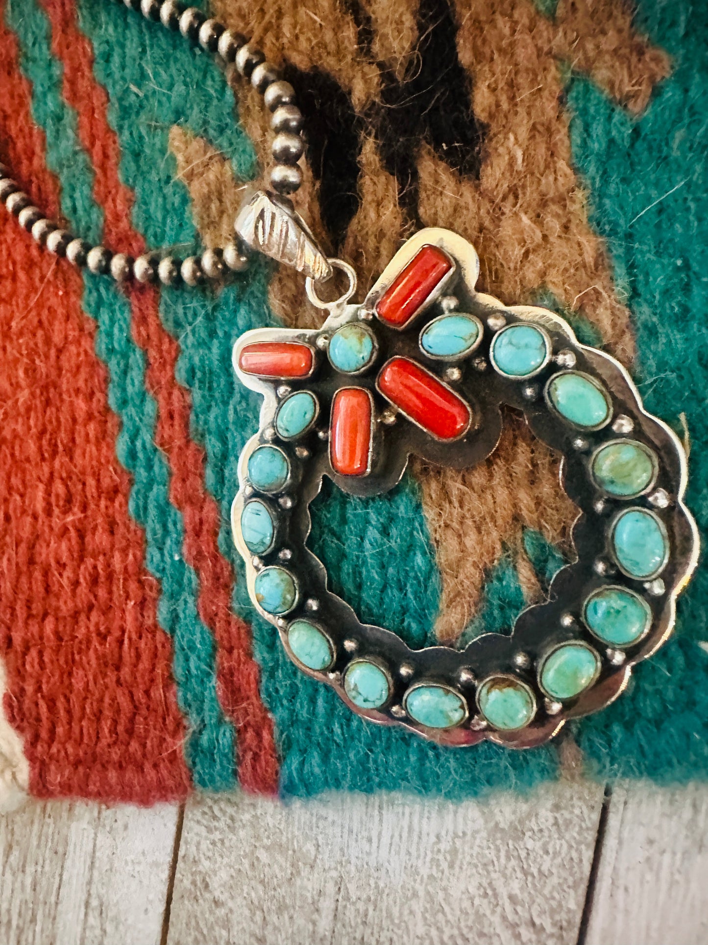 ** Christmas Collection ** Handmade Sterling Silver, Turquoise & Coral Wreath Pendant Signed Nizhoni