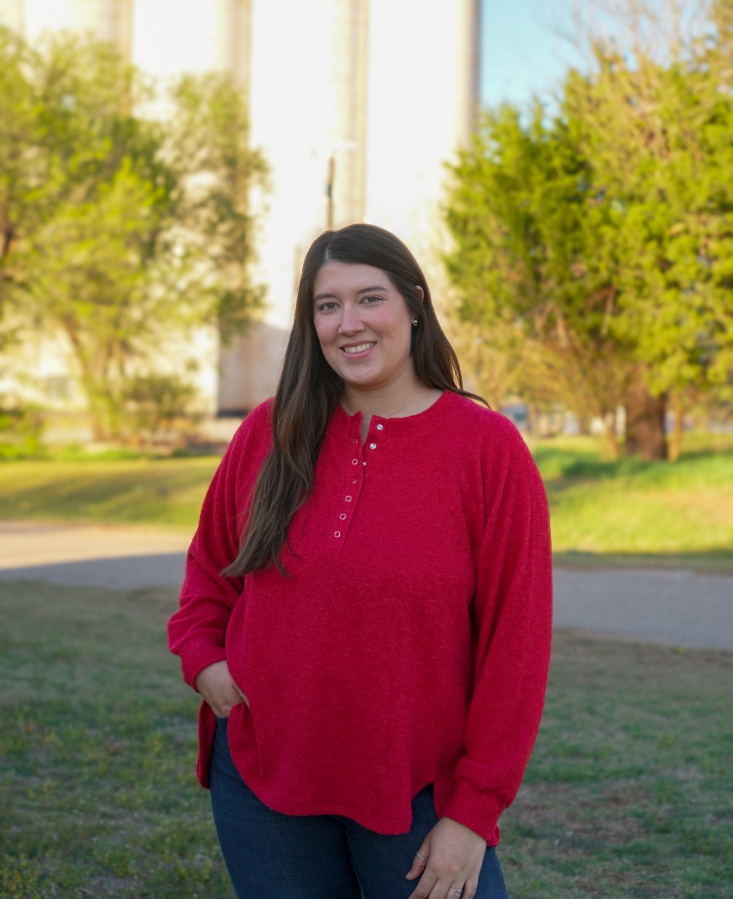 Dark Red - Plus Size - Melange Oversized 7 Button Top