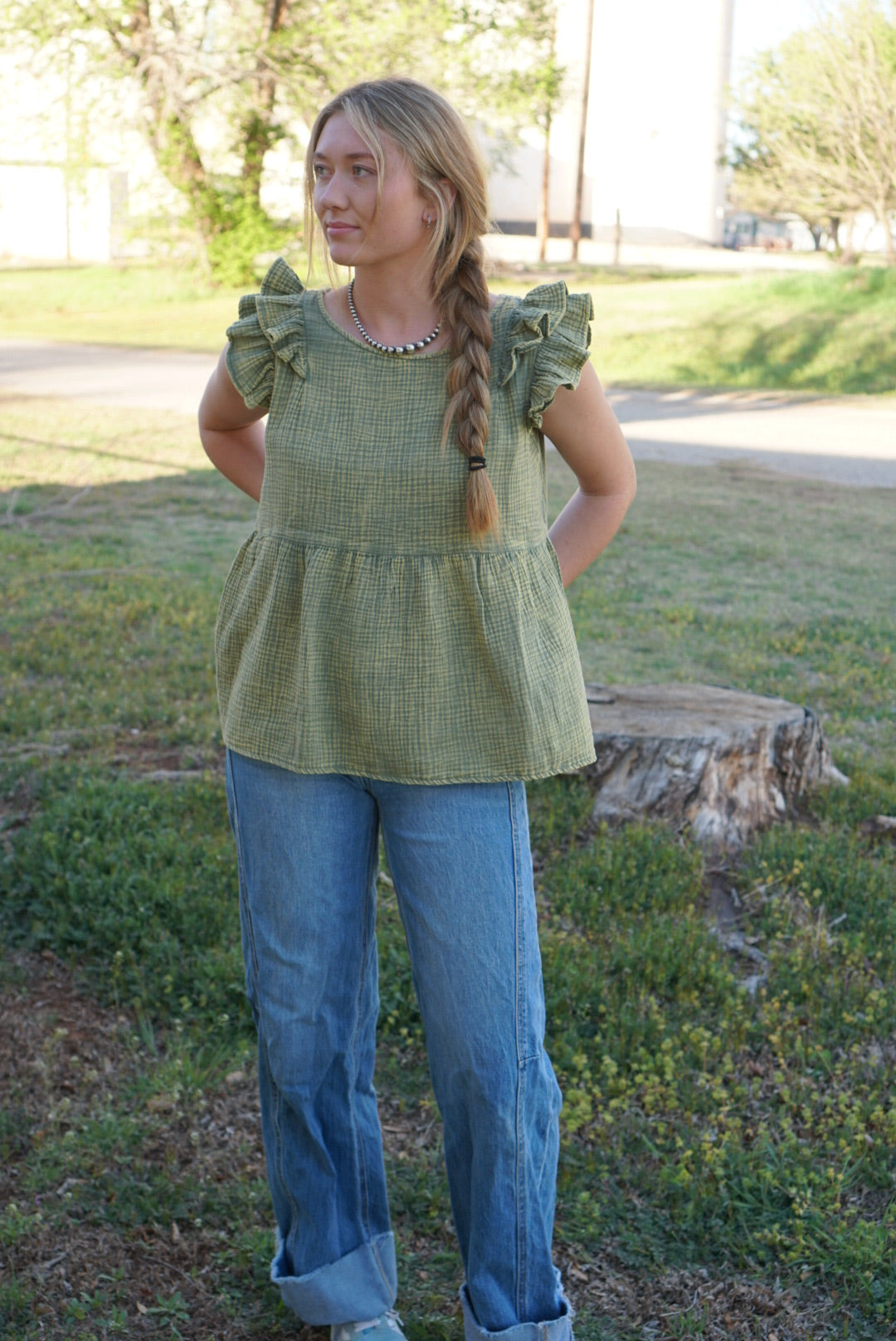 Lite Olive - Gauze Acid Washed Tiered Ruffle Peplum Top