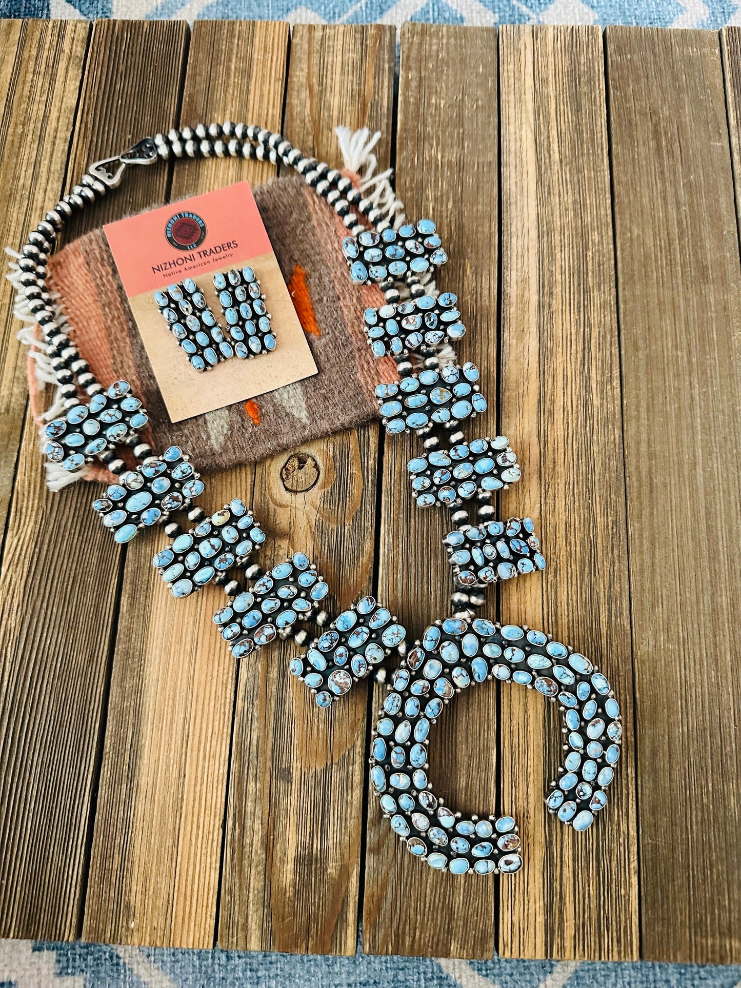 Handcrafted Golden Hills Turquoise & Sterling Silver Squash Blossom Necklace Set by B. Yellowhorse