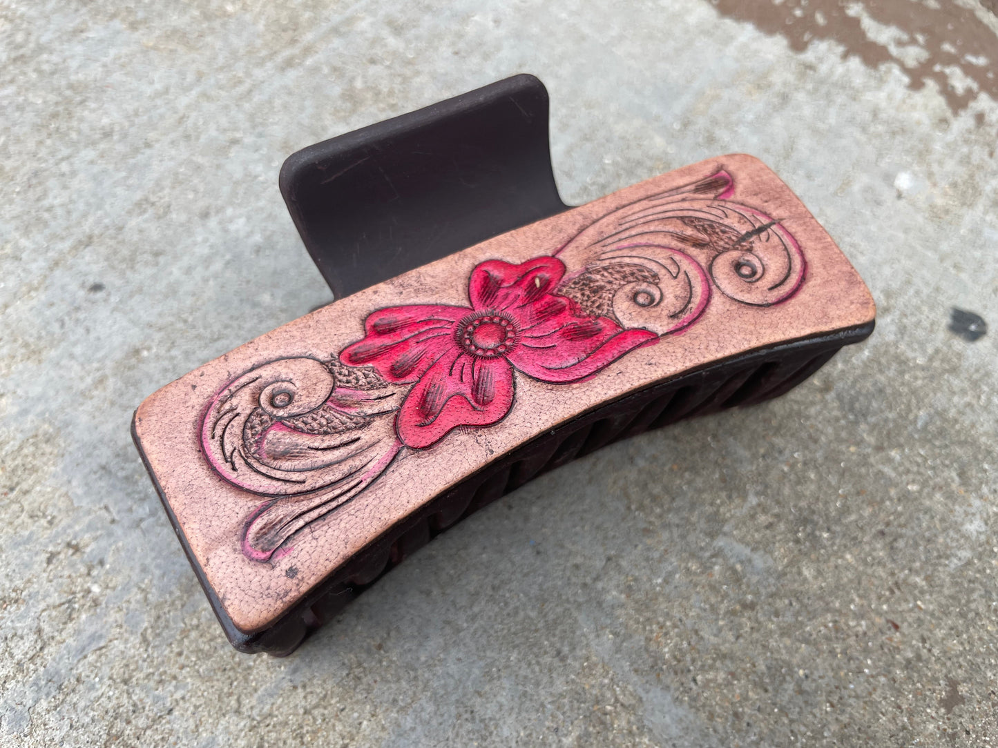 Floral Tooled Leather Hair Claw Clips 4”