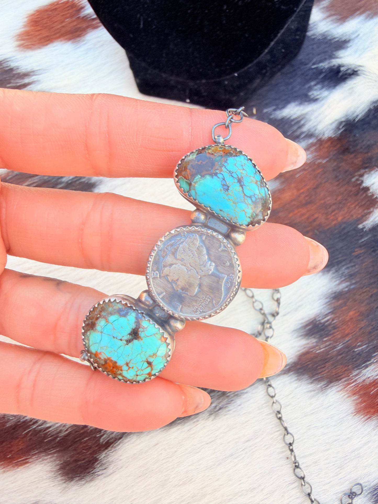 Handcrafted Number 8 Turquoise & Sterling Silver Liberty Dime Necklace by Johnny Frank