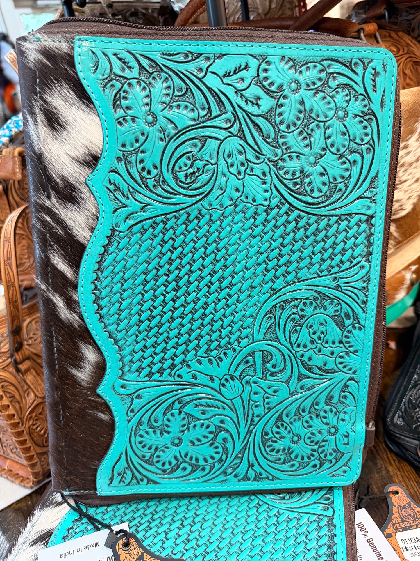 Handcrafted turquoise tooled leather and hair-on cowhide portfolio/binder
