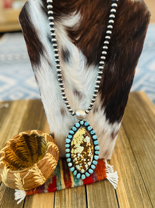 Handcrafted Turquoise & Sterling Silver Cluster Beaded Necklace by Sheila Becenti