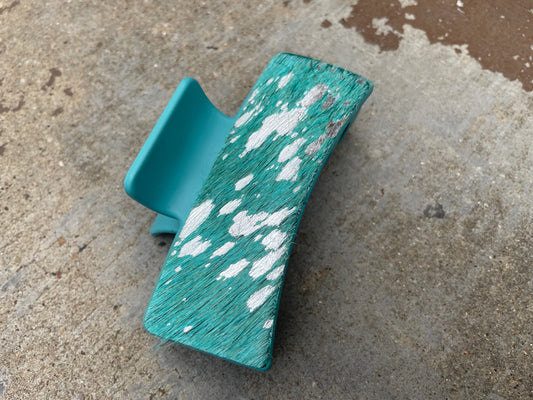 Cowhide Turquoise Tooled Leather  Hair Claw Clips 4”