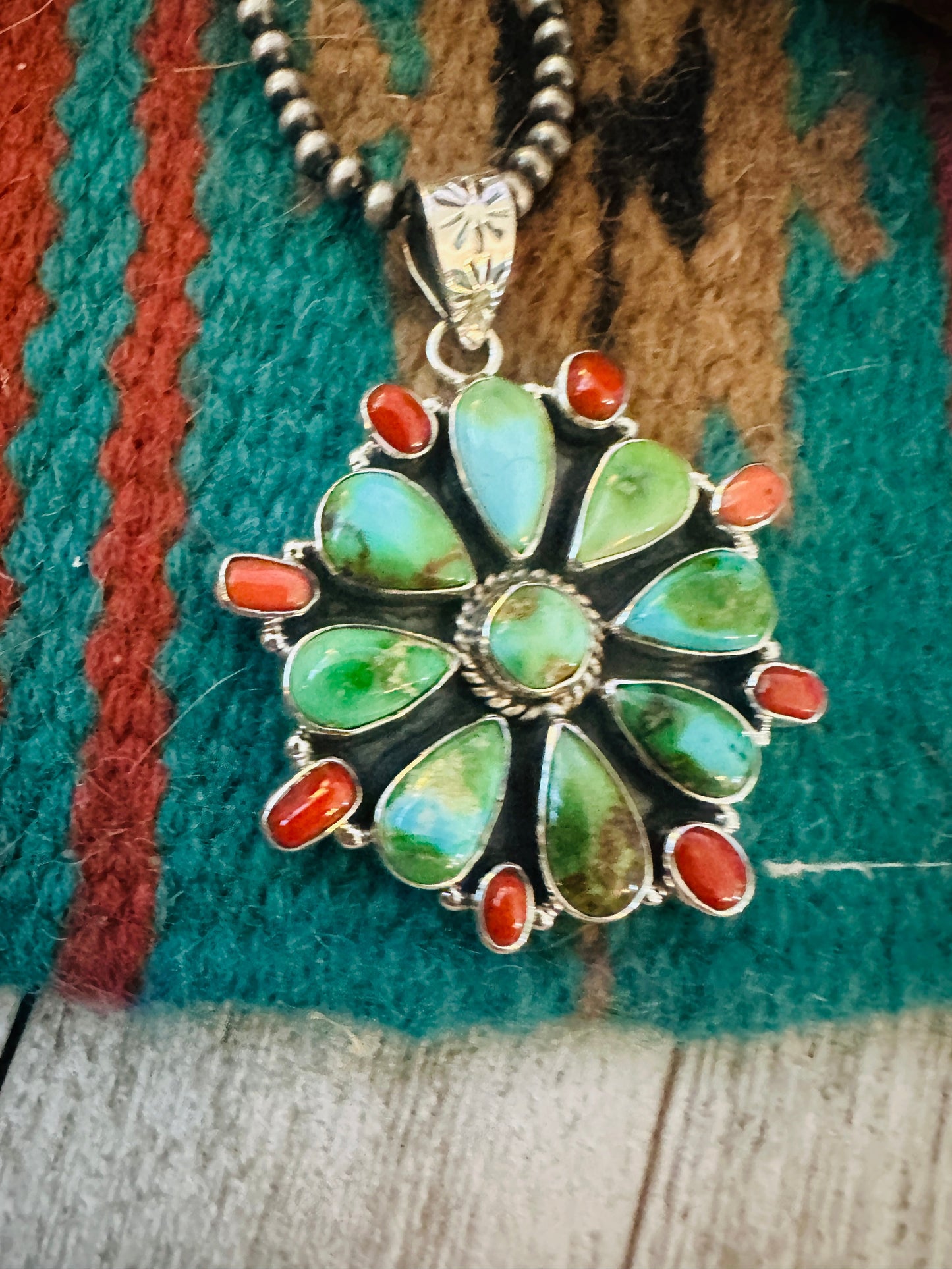 ** Christmas Collection ** Handmade Sterling Silver, Turquoise & Coral Pendant Signed Nizhoni