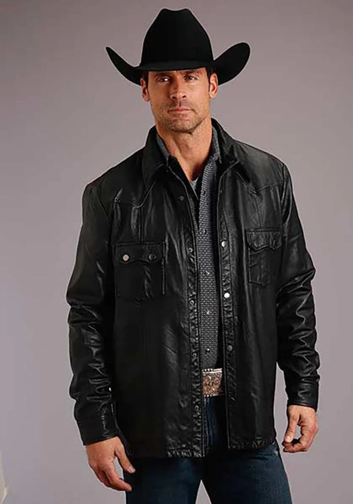 Stetson Leather Western Shirt Jacket (Black) - Men's Leather Jacket