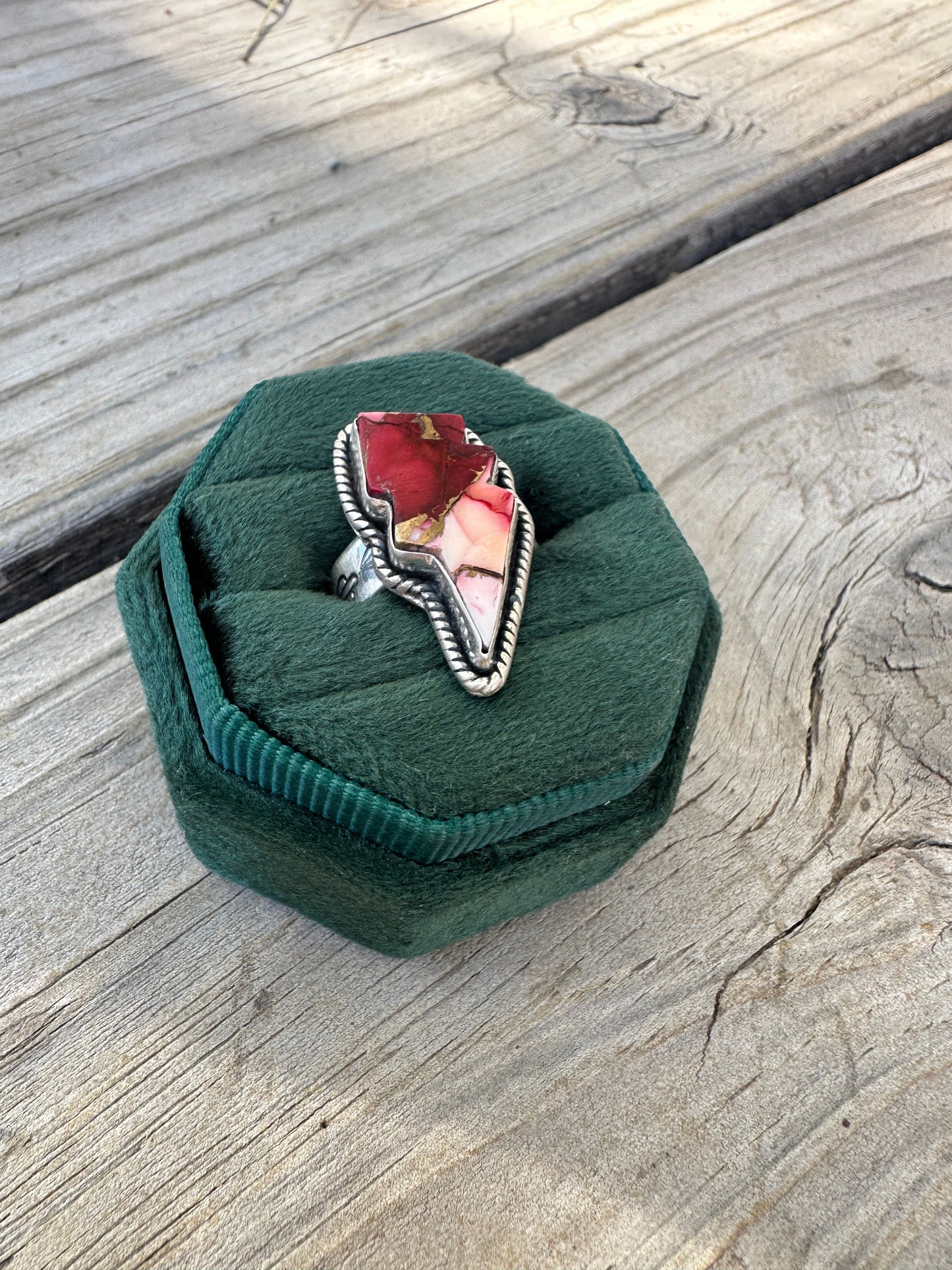 Beautiful Handmade Dahlia Rose And Sterling Silver Adjustable Lightening Bolt Ring