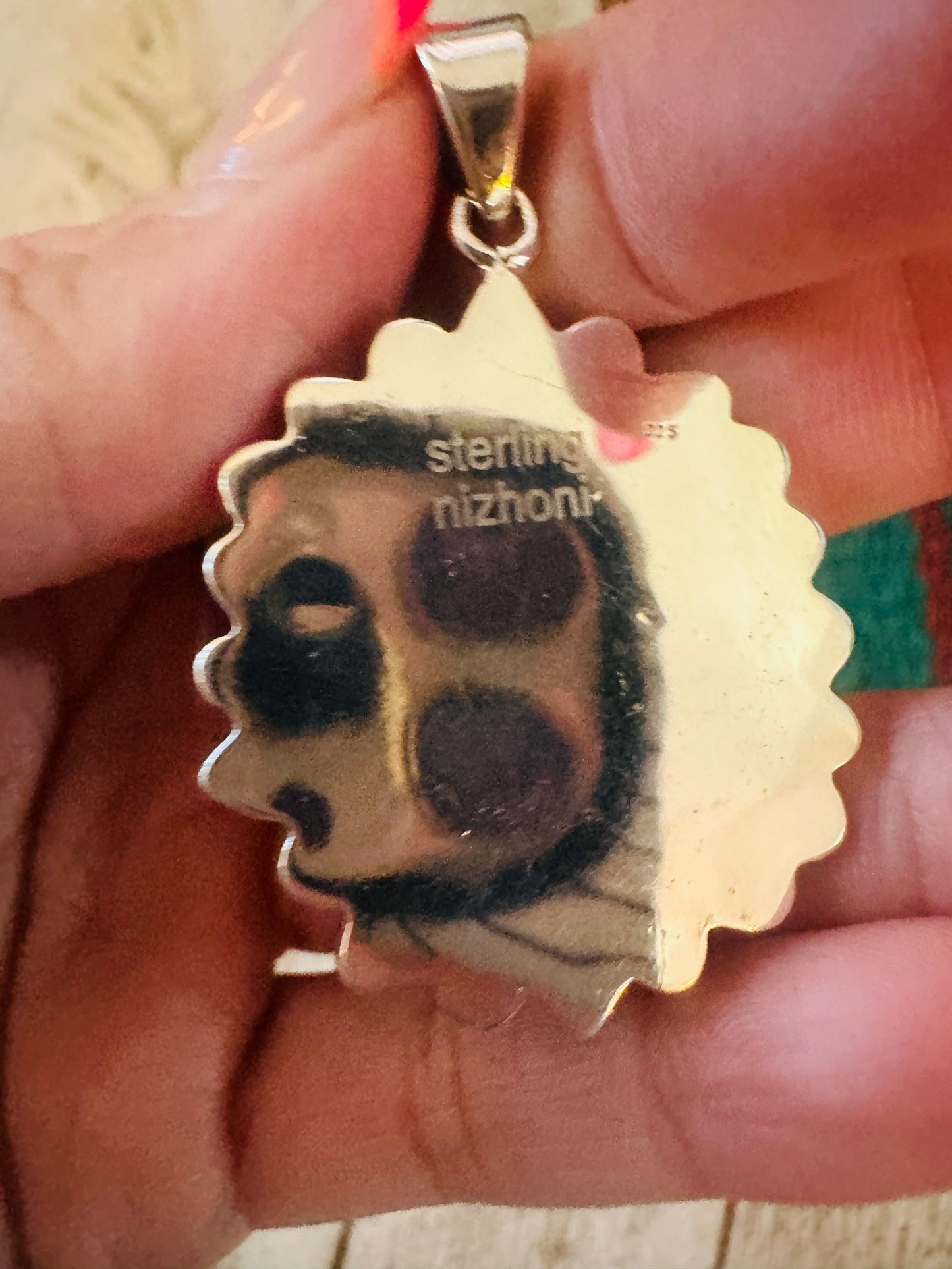 ** Christmas Collection ** Handmade Sterling Silver, Mother of Pearl & CZ Pendant Signed Nizhoni