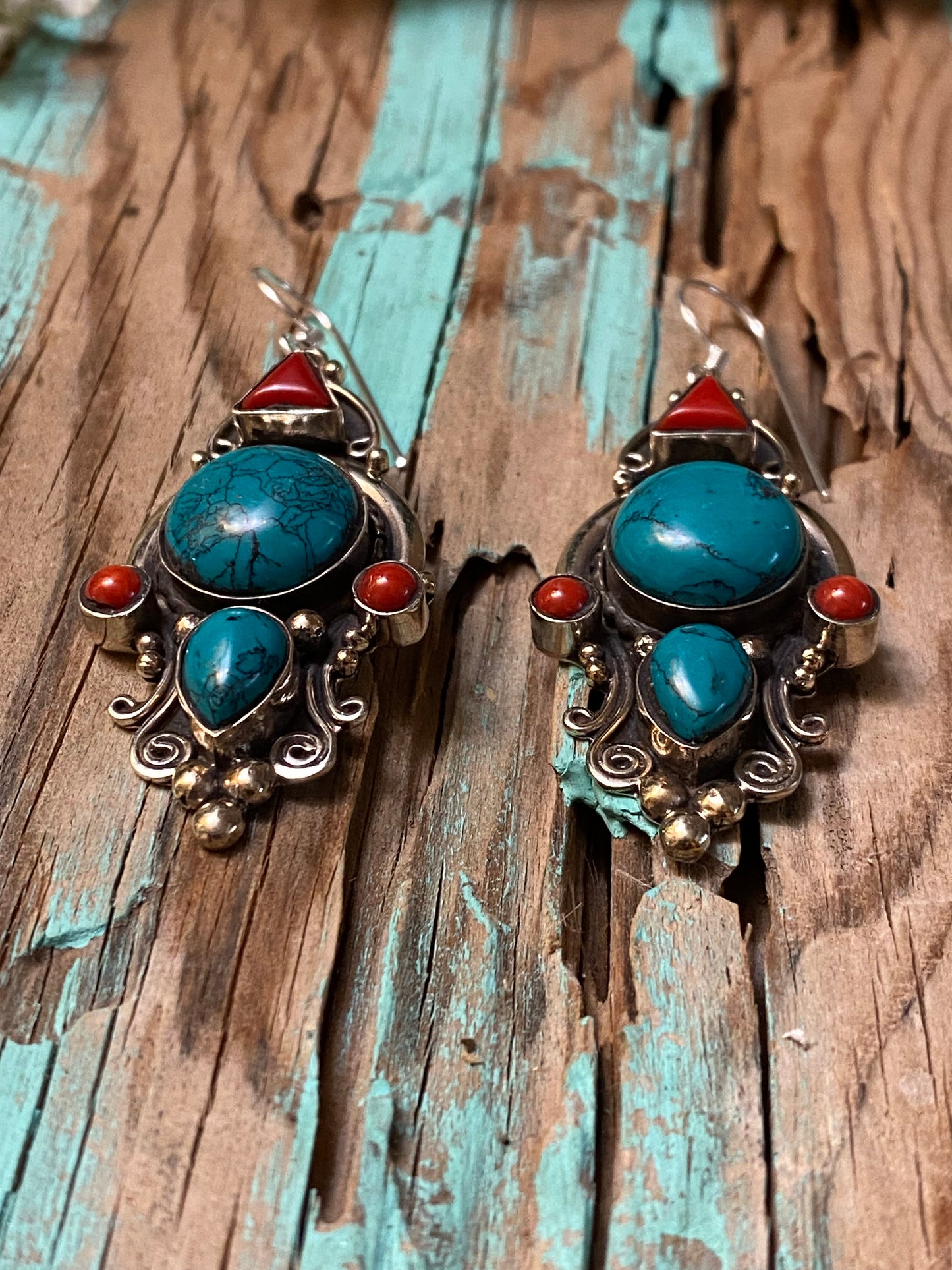 Elegant Turquoise Color & Red Accent Dangle Earrings