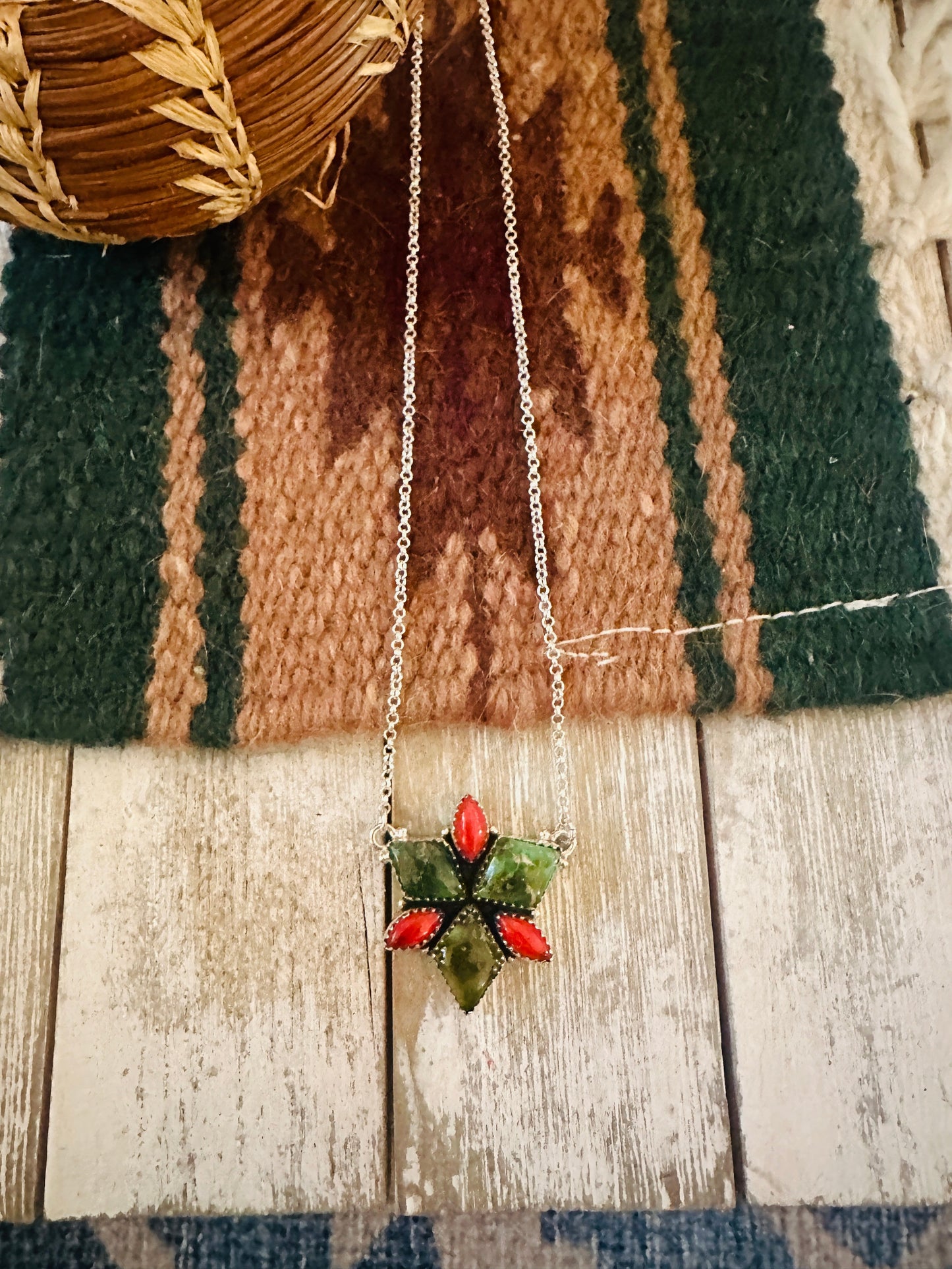 ** Christmas Collection ** Handmade Sterling Silver, Turquoise & Coral Necklace Signed Nizhoni