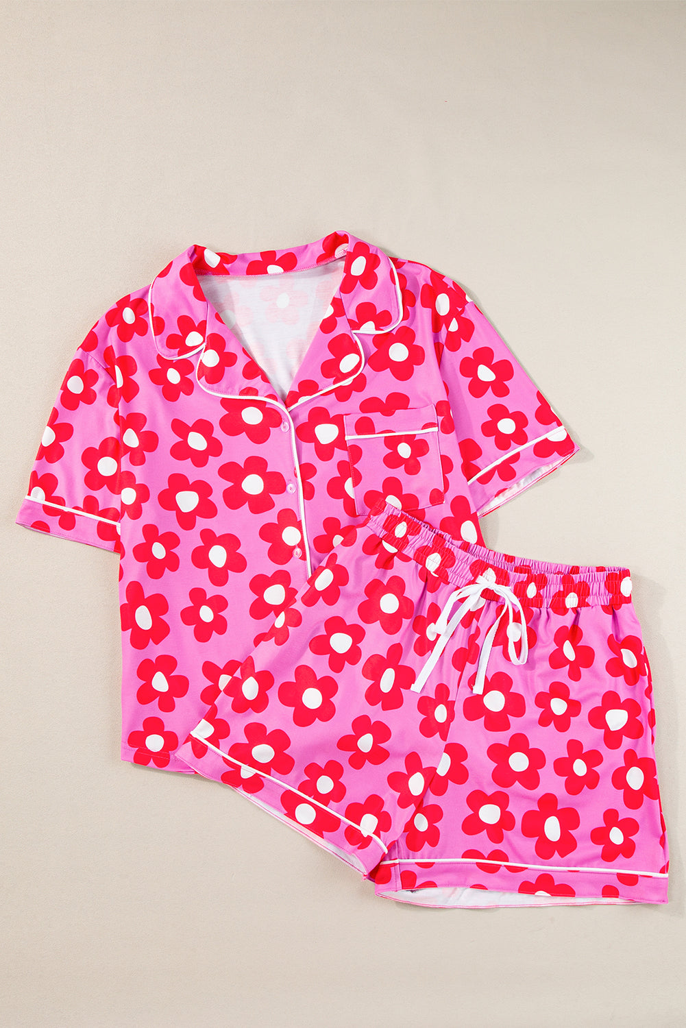 Luxury Flower Print Buttoned Shirt And Drawstring Waist Pajama Set