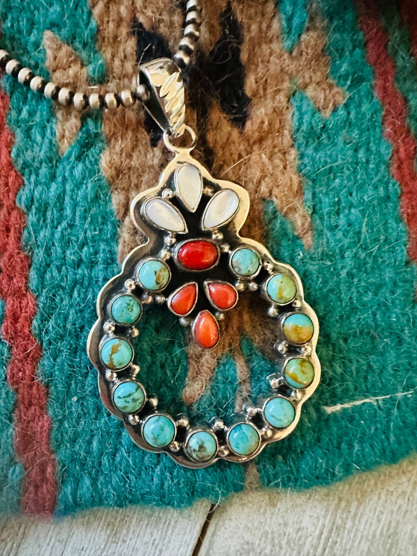 ** Christmas Collection ** Handmade Sterling Silver, Turquoise & Coral Wreath Pendant Signed Nizhoni