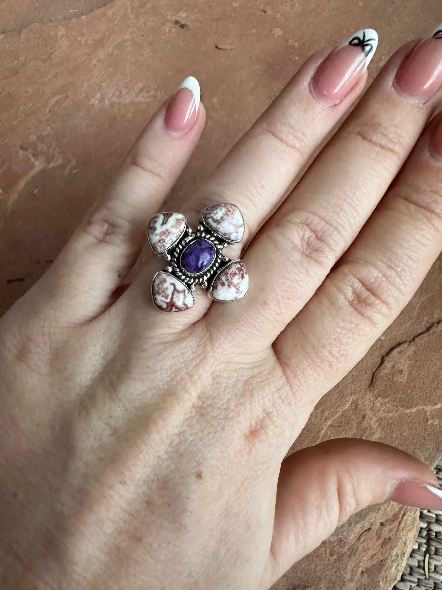 Beautiful Handmade Charorite, Agate And Sterling Silver Adjustable Ring