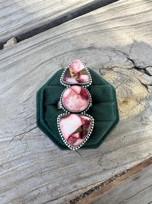 Beautiful Handmade Dahlia Rose And Sterling Silver Adjustable 3 Stone Ring