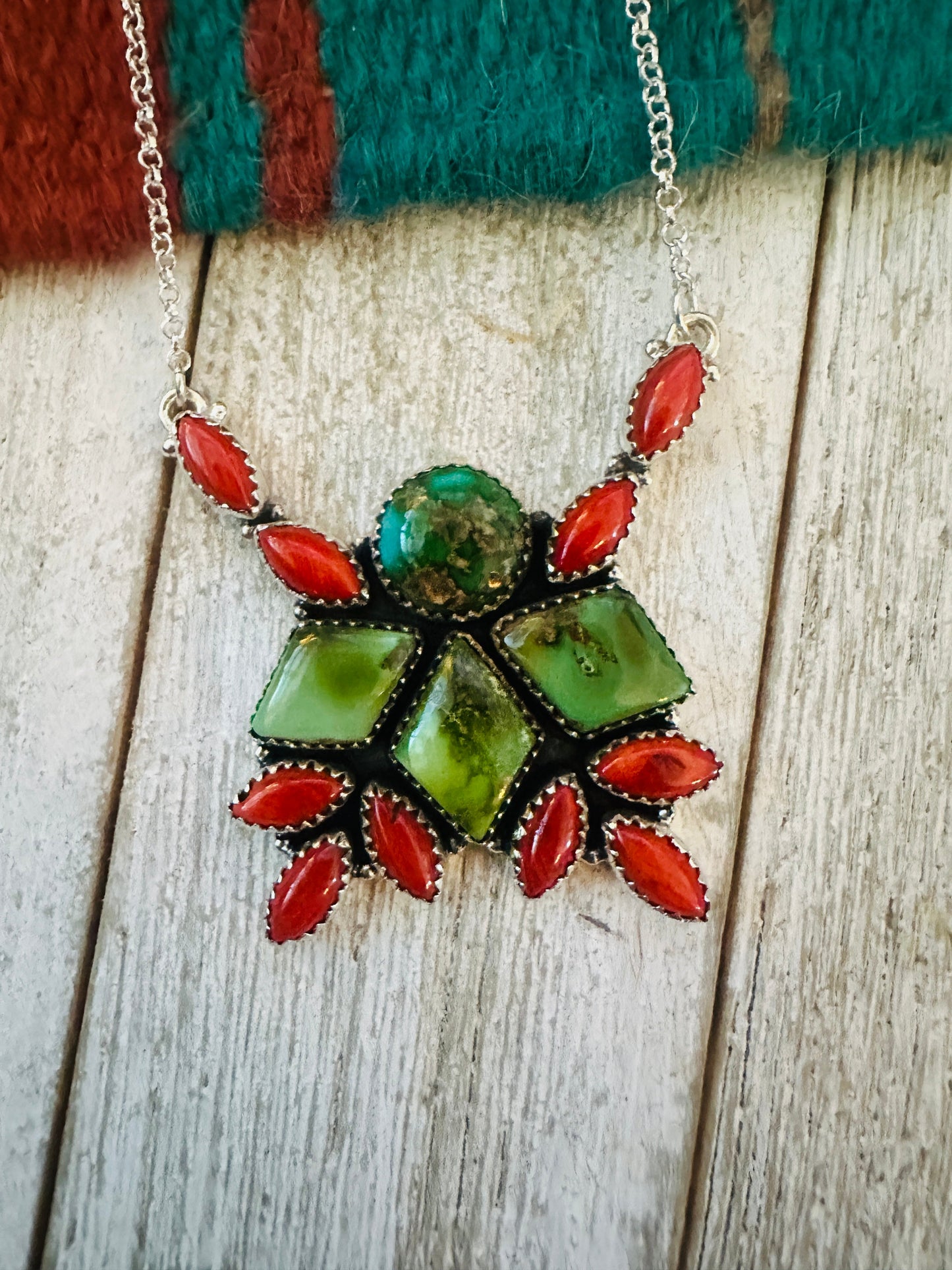 ** Christmas Collection ** Handmade Sterling Silver, Turquoise & Coral Necklace Signed Nizhoni