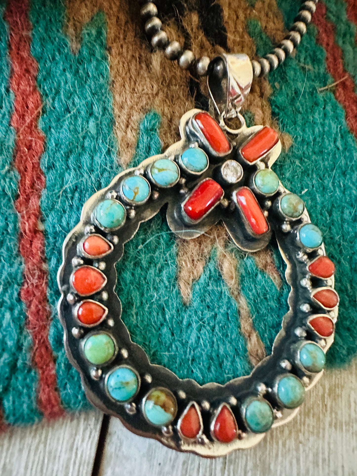 ** Christmas Collection ** Handmade Sterling Silver, Turquoise, Coral & CZ Wreath Pendant Signed Nizhoni