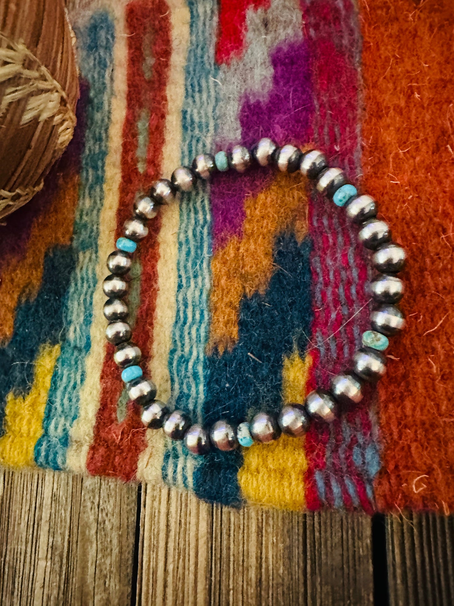 Handcrafted 5mm Sterling Silver Pearl & Turquoise Beaded Stretch Bracelet