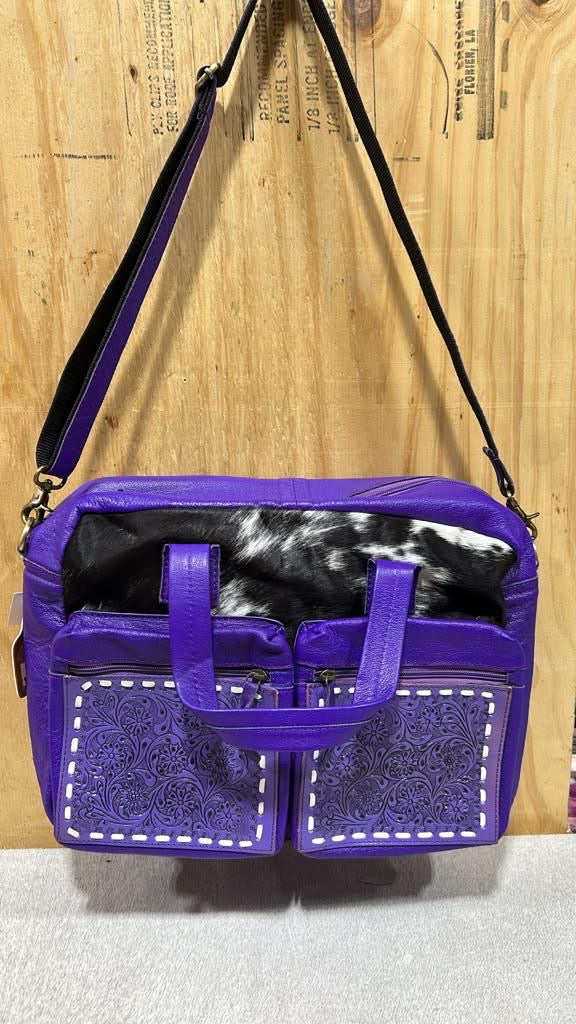 PURPLE TOOLED LEATHER & COWHIDE BRIEFCASE