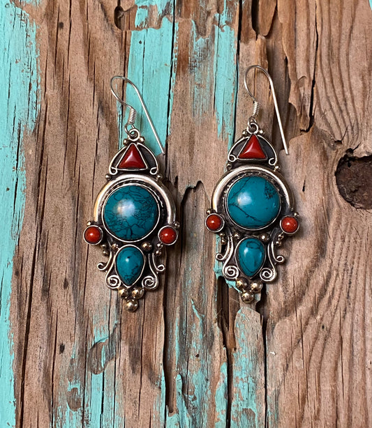 Elegant Turquoise Color & Red Accent Dangle Earrings