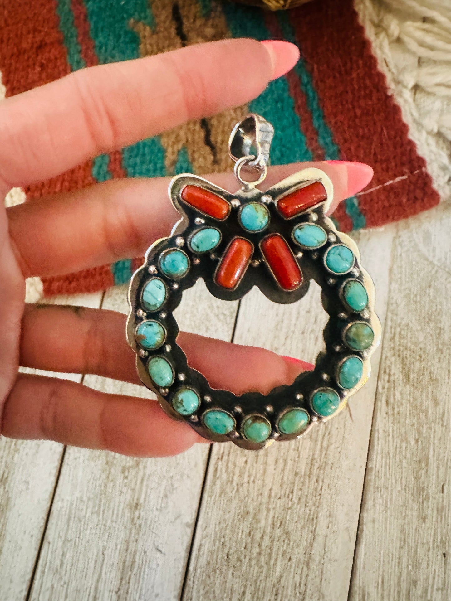 ** Christmas Collection ** Handmade Sterling Silver, Turquoise & Coral Wreath Pendant Signed Nizhoni
