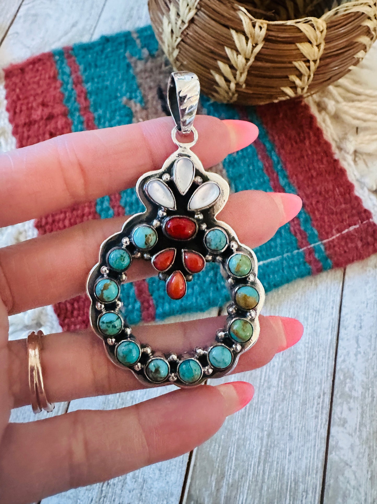 ** Christmas Collection ** Handmade Sterling Silver, Turquoise & Coral Wreath Pendant Signed Nizhoni