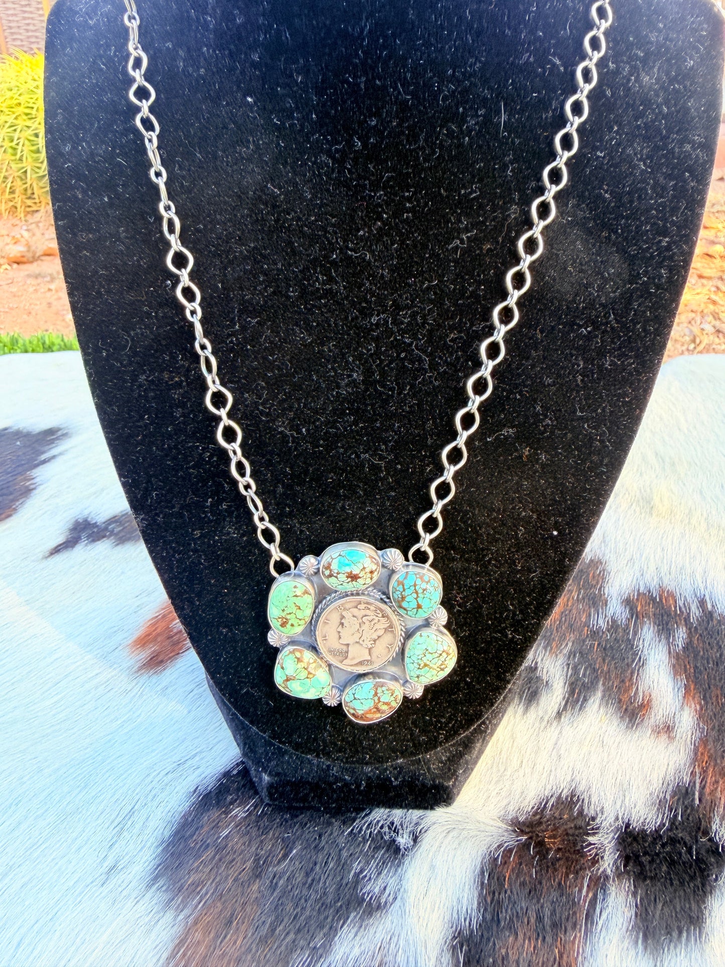 Handcrafted Number 8 Turquoise & Sterling Silver Liberty Dime Necklace by Sheila Tso