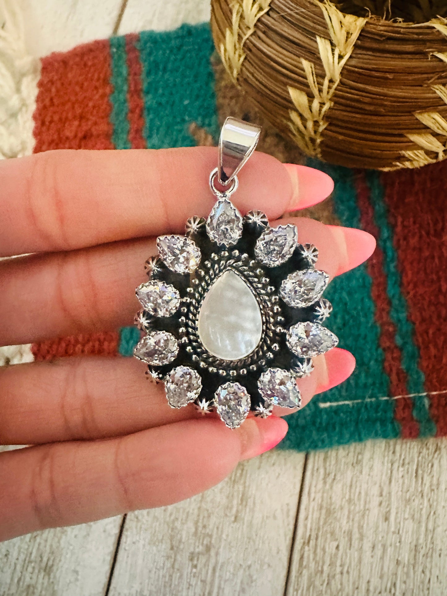 ** Christmas Collection ** Handmade Sterling Silver, Mother of Pearl & CZ Pendant Signed Nizhoni