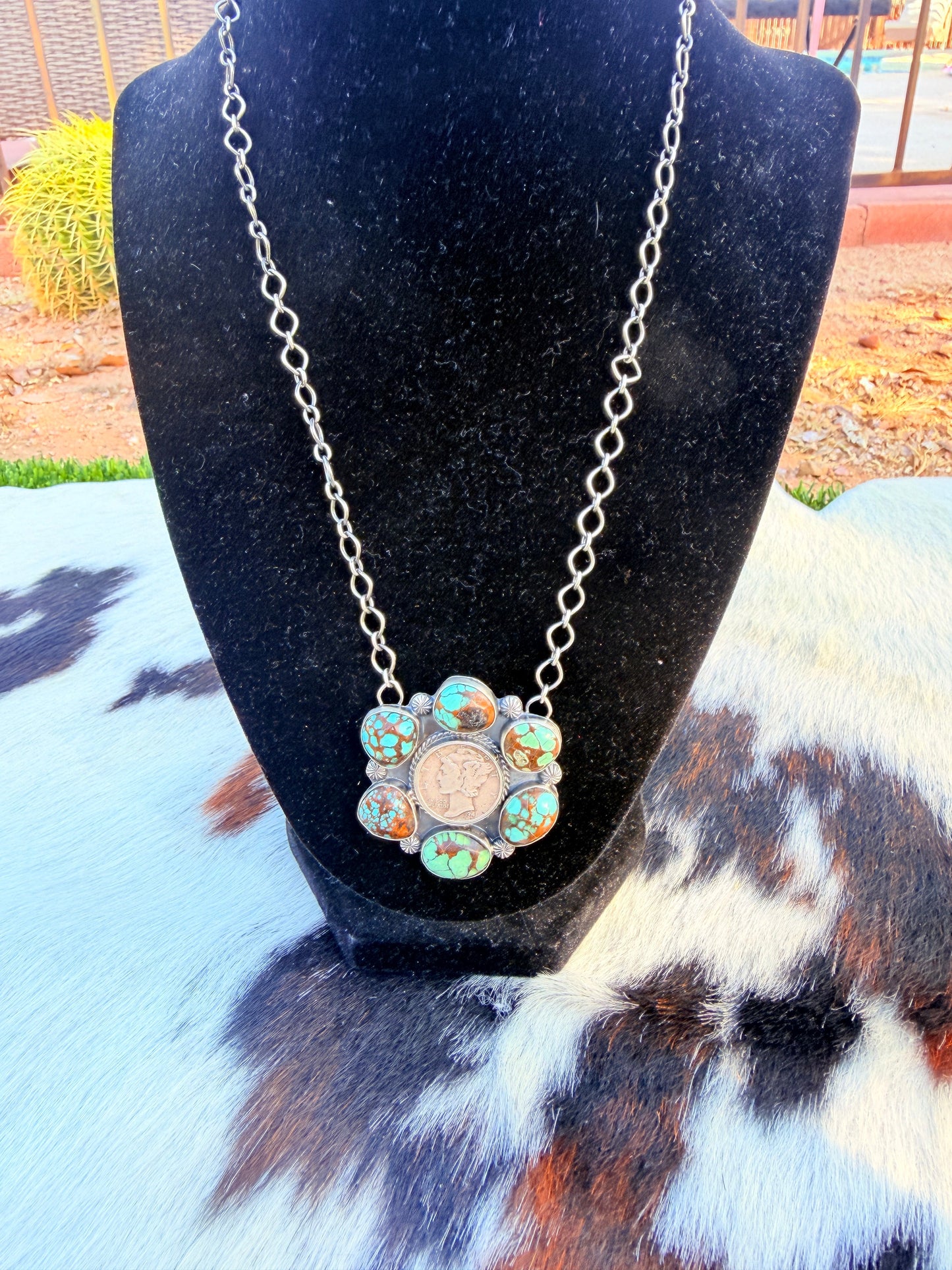 Handcrafted Number 8 Turquoise & Sterling Silver Liberty Dime Necklace by Sheila Tso