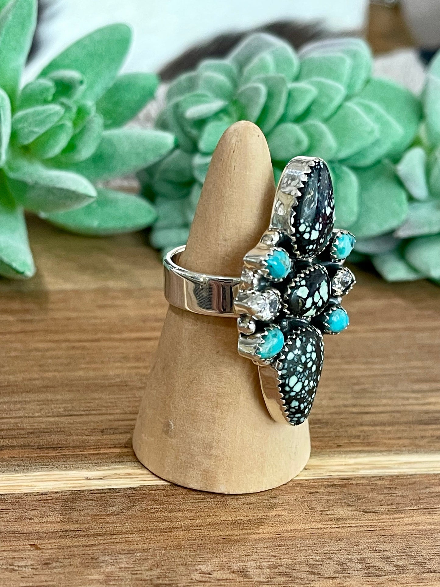 Beautiful Handmade New Lander Turquoise, Multi Stone And Sterling Silver Adjustable Ring