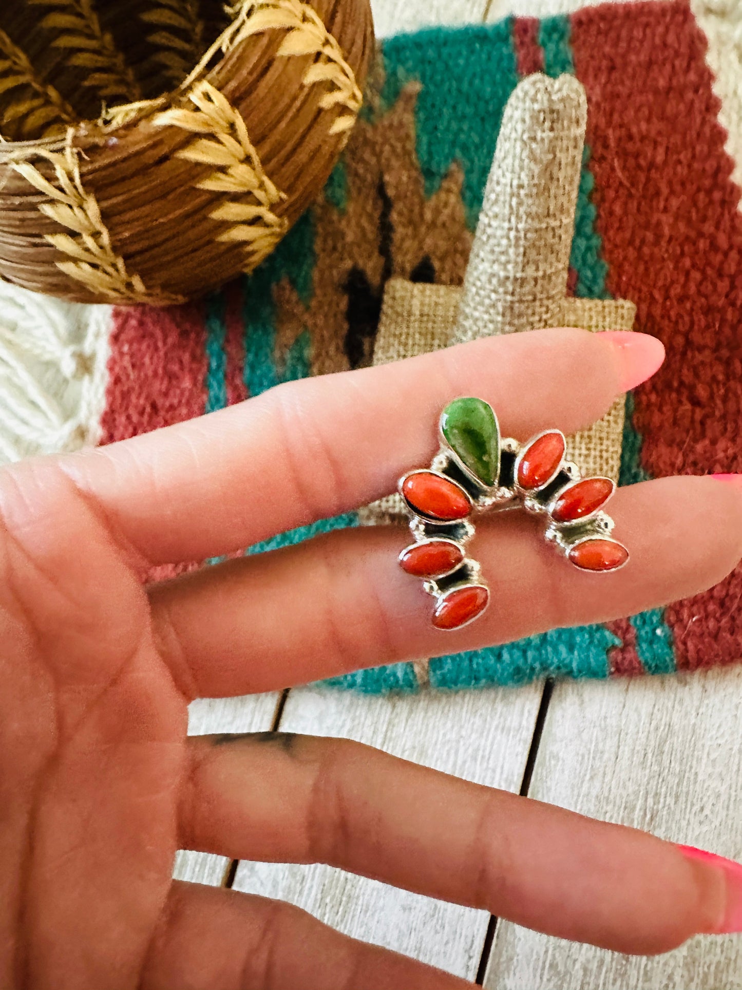 ** Christmas Collection ** Handmade Sterling Silver, Turquoise & Coral Adjustable Ring Signed Nizhoni