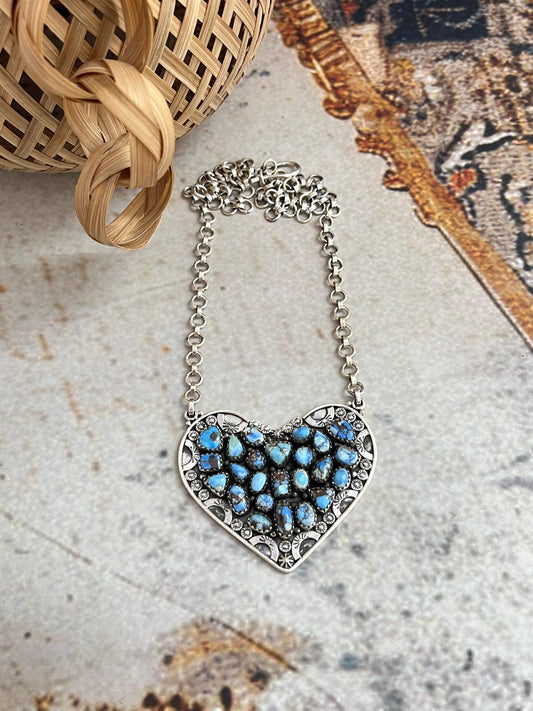 Handmade Sterling Silver Golden Hills Turquoise Heart Necklace with Signed Nizhoni
